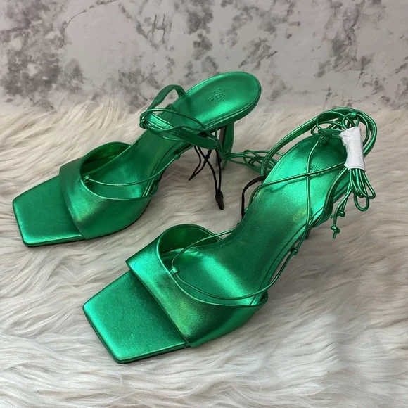 NWOT Zara Metallic Green Lace-up Leather Sandals, Size 7.5 - Picture 8 of 17